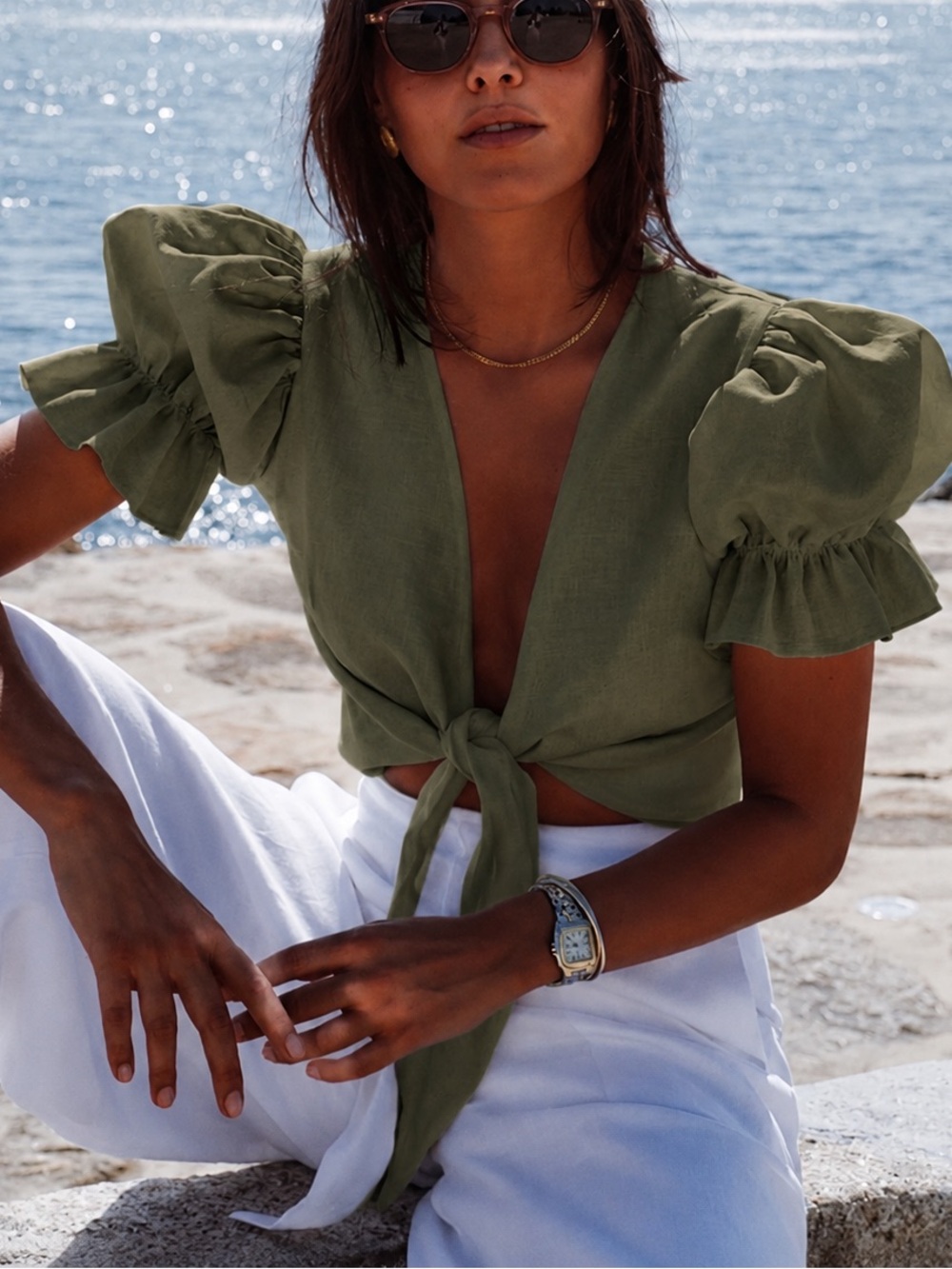 KAOA OLIVE GREEN LINEN TIE FRONT PUFF SLEEVE CROP TOP XS/S SMALL